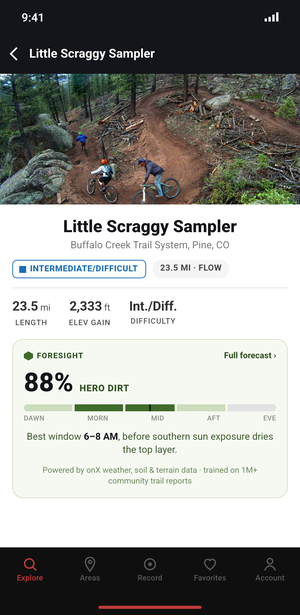 MTB Project app showing the Foresight forecast card for Little Scraggy Sampler